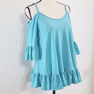 *NWT* MICHAEL MICHAEL KORS Turquoise/Light Blue Cold Shoulder Ruffle Top, size S